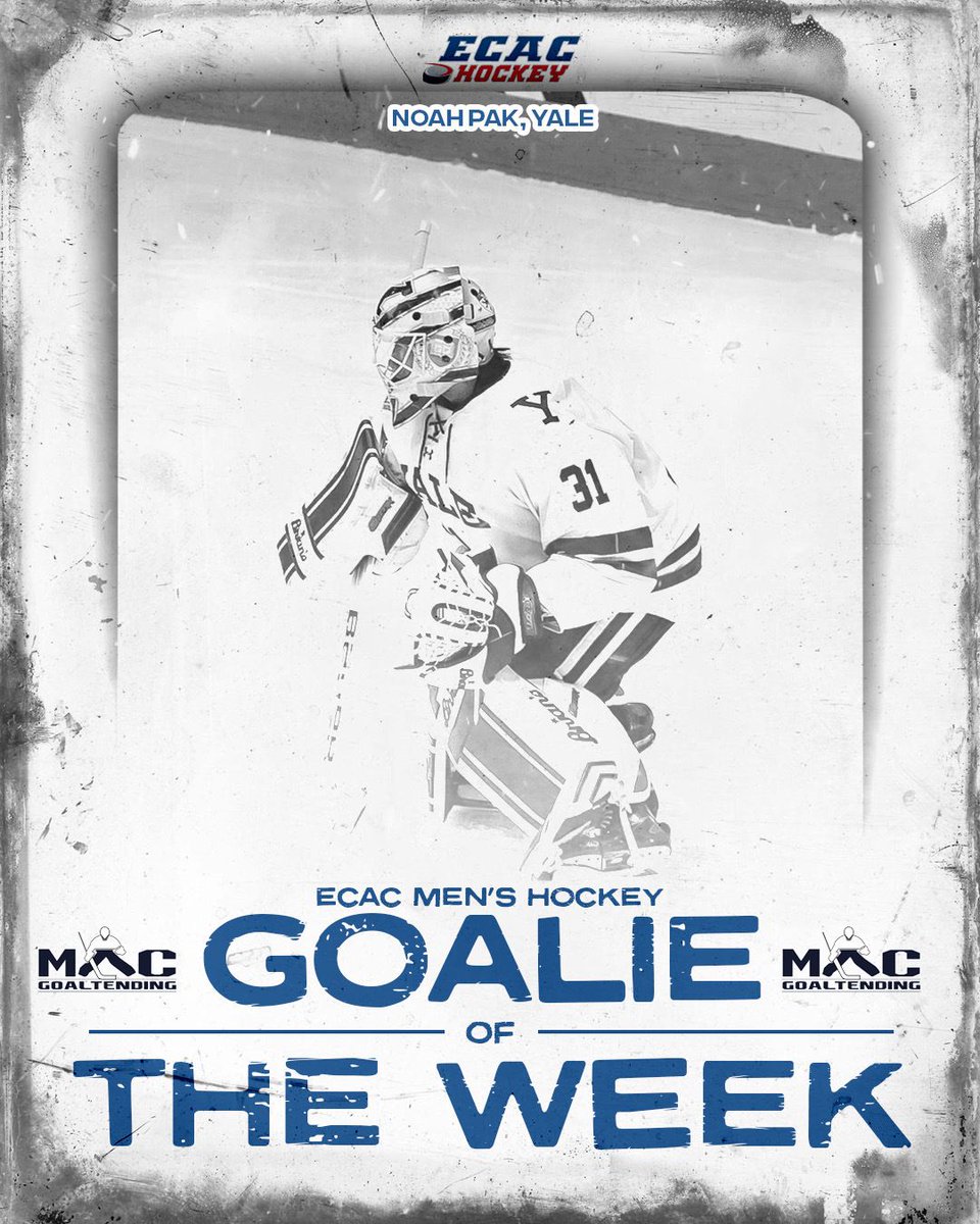 <a href="/bluebirdhotels/">Bluebird Hotels</a> <a href="/Dartmouth_MIH/">Dartmouth Men's Hockey</a> <a href="/AAABlueJackets/">Ohio Blue Jackets</a> <a href="/SASilverbacks/">Salmon Arm Silverbacks</a> <a href="/AVBulldogs/">AVBulldogs</a> <a href="/CulverHockey/">Culver Hockey</a> <a href="/capecodwhalers/">Cape Cod Whalers</a> <a href="/ThayerBVH/">Thayer Boy’s Varsity Hockey</a> <a href="/CornellMHockey/">Cornell Men’s Ice Hockey</a> <a href="/CBEinsider/">Cape Breton Eagles Report</a> <a href="/Cataractes_Shaw/">Cataractes de Shawinigan</a> .<a href="/MACGoaltending/">Bryan McDonald</a> Goalie of the Week Noah Pak backstopped <a href="/YaleMHockey/">Yale Men's Hockey</a> to an upset over Quinnipiac and an OT win against Princeton, turning aside 41 shots with a .932 save percentage and a 1.49 GAA! 🐾

<a href="/CwoodBluesJrA/">Mike Jackson GM Collingwood Blues</a> <a href="/RangersU18/">Oakville Rangers U18 AAA</a> 

#ECACHockey