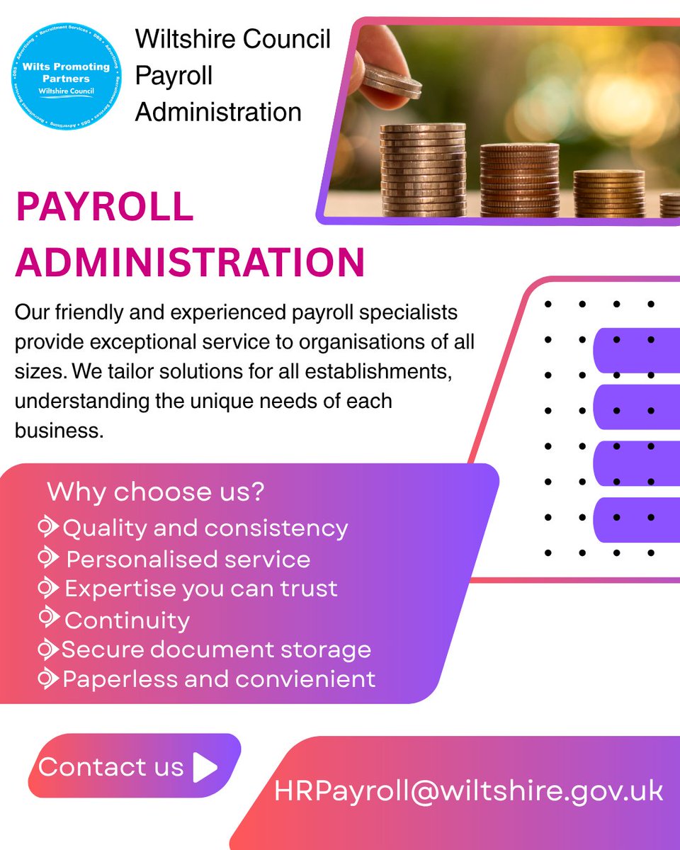 Payroll made simple 💰 

Our experienced team delivers secure, paperless, and personalised payroll solutions for organisations of all sizes ✨ 

Trust Wiltshire Council for quality and consistency 👍 

Contact us: HRPayroll@wiltshire.gov.uk