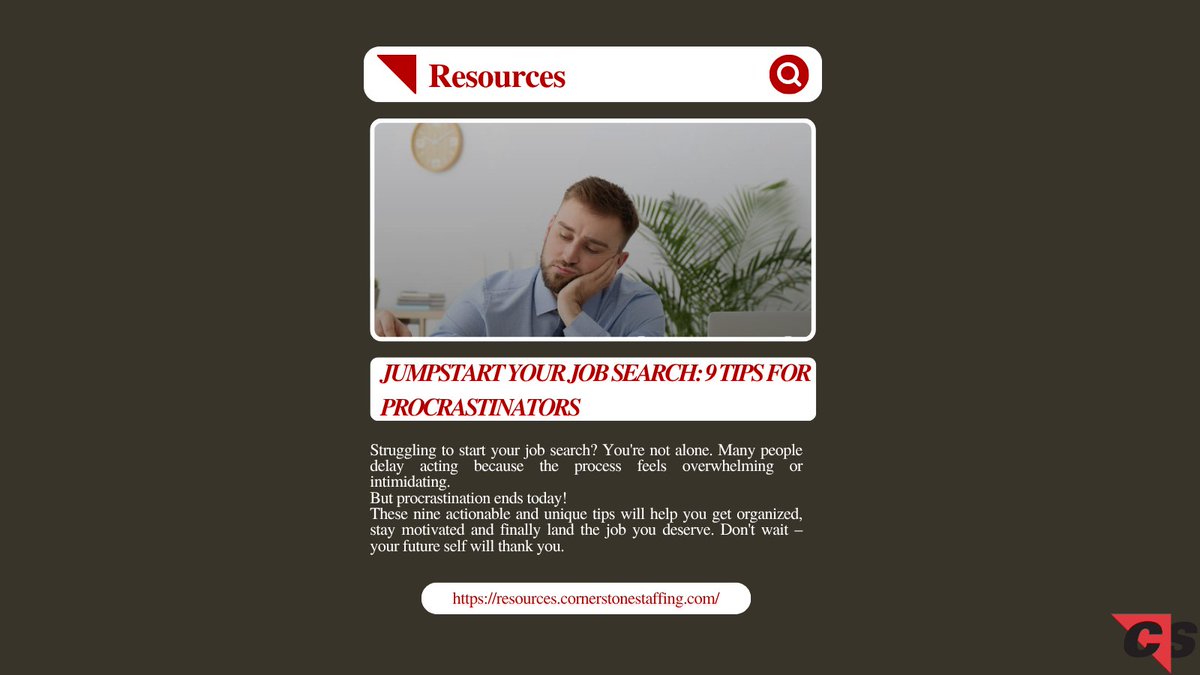 Putting off your job search? Let’s fix that! 💪 Check out our Article for 9 tips to beat procrastination and get your career moving. 💼✨
ow.ly/C2Ut50X7PMY
#JobMotivation #CareerTips #CornerStoneStaffing