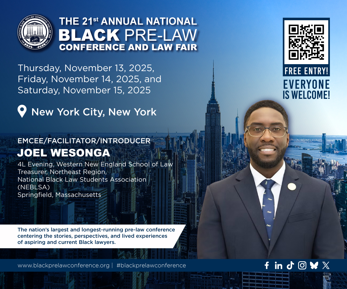 blackprelawconf's tweet image. ✨ EMCEE, FACILITATOR AND INTRODUCER ALERT ✨ 

Meet Joel Wesonga — Senior Law Clerk and NEBLSA Treasurer — guiding, introducing, and facilitating at #NBPLC2025!

📍 Join us Nov 13–15 in NYU School of Law
 🔗 bit.ly/3H7fCQK 

#NBPLC2025 #PreLaw #LawSchool #NEBLSA