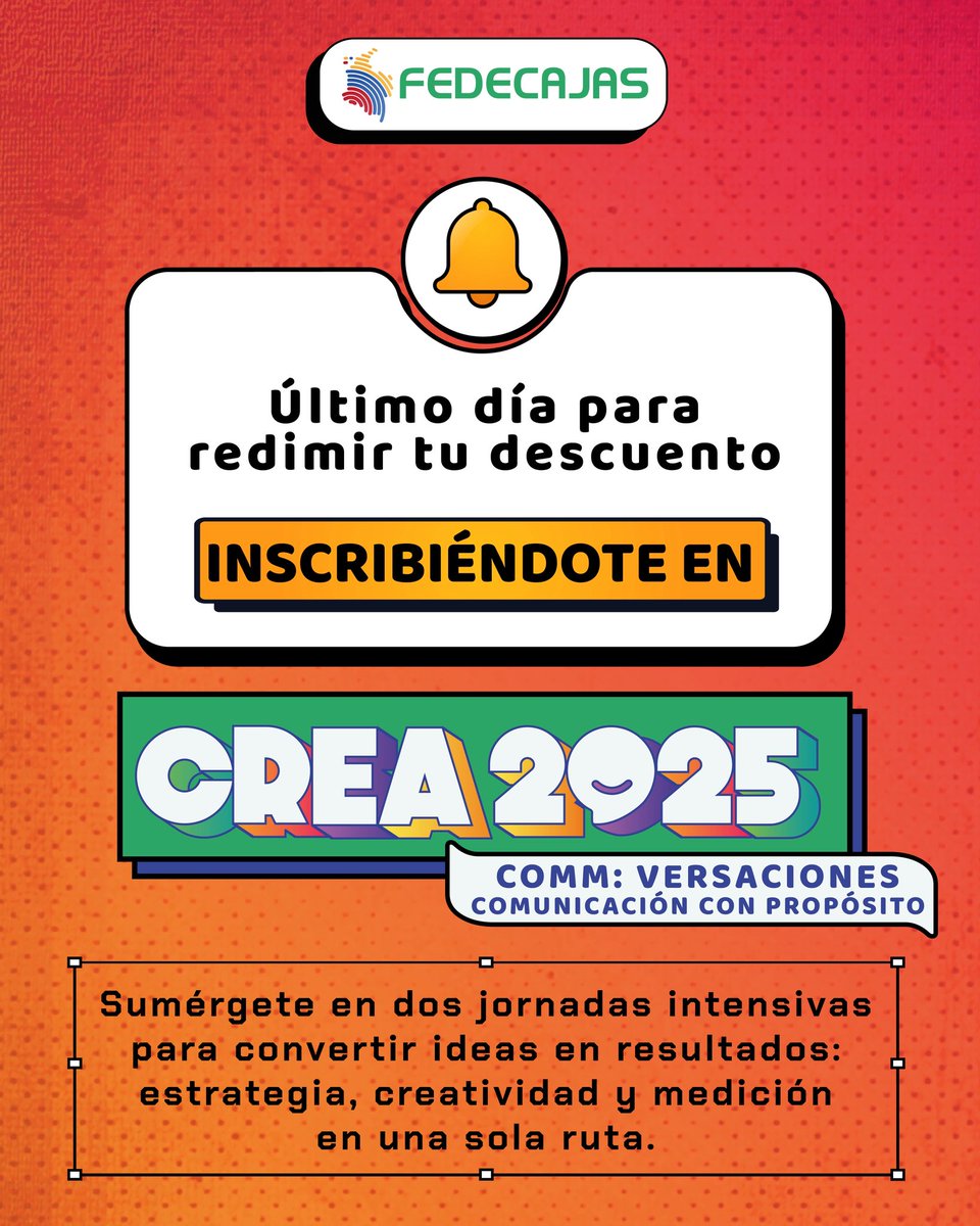 📣 ¡Hoy es el último día para acceder al descuento!

Aprovecha el valor preferencial de inscripción en nuestro Seminario CREA, un espacio diseñado para fortalecer la creatividad, la estrategia y la comunicación dentro de las cajas de compensación familiar.