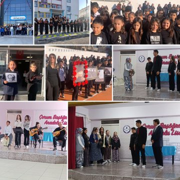 Multiple collage images from school events: students in uniforms lined up outdoors near school buildings with Turkish flags, a statue of Atatürk, groups singing or standing at attention, a band performing, people in traditional attire holding flags, red carpet ceremonies, and banners with Turkish motifs and school names like Ziya Gökalp İlkokulu and Vezirköprü schools. Children and teachers participate in formal gatherings, some holding photos or wreaths. Scenes include indoor and outdoor settings with clear skies and autumn foliage.
