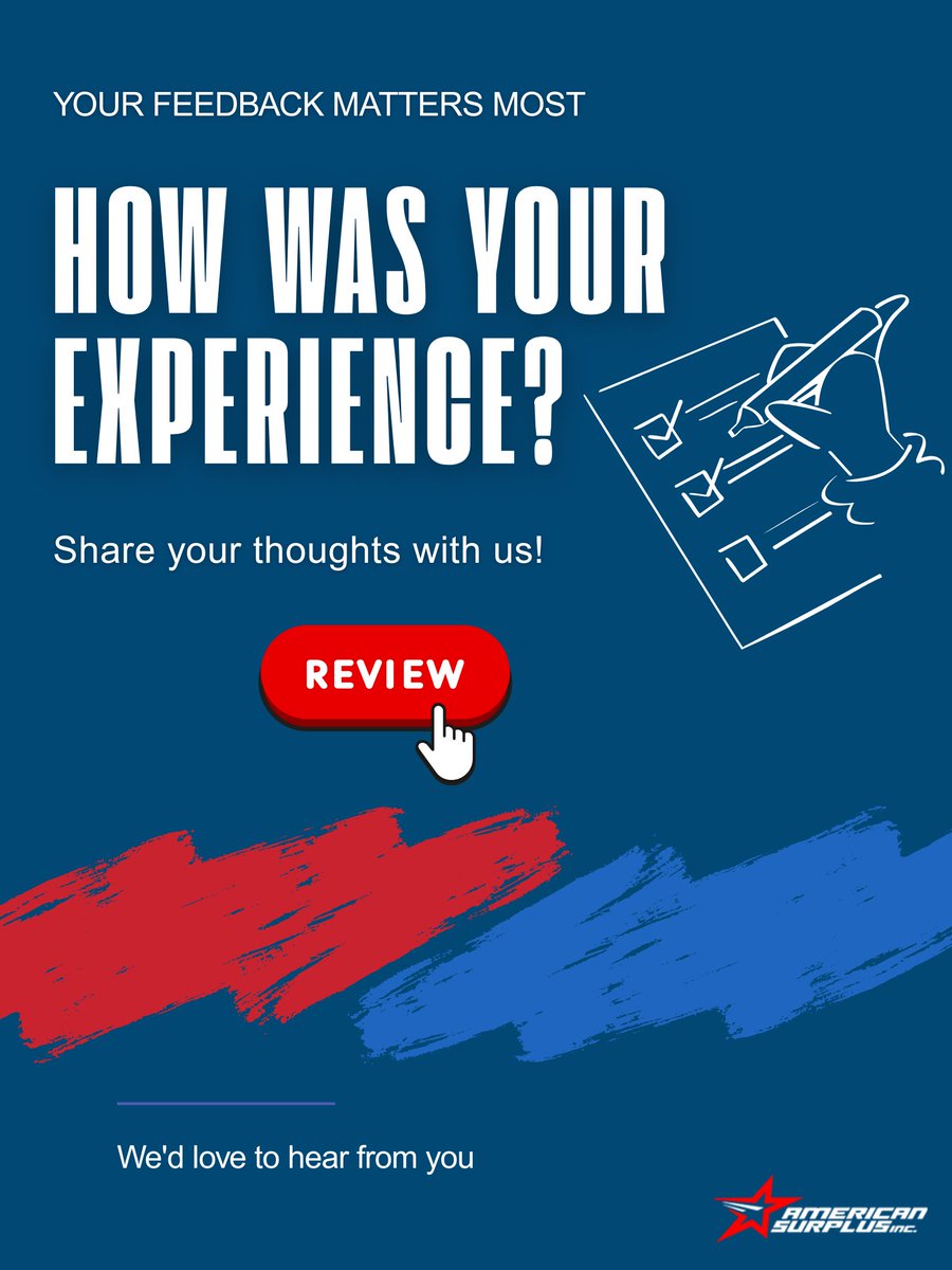 amsurplusinc's tweet image. Your opinion matters! 🗣️
Fill out our quick survey — it only takes a minute: surveymonkey.com/r/N86CTL8

#ASI #survey #shareyourthoughts #surveyfeedback