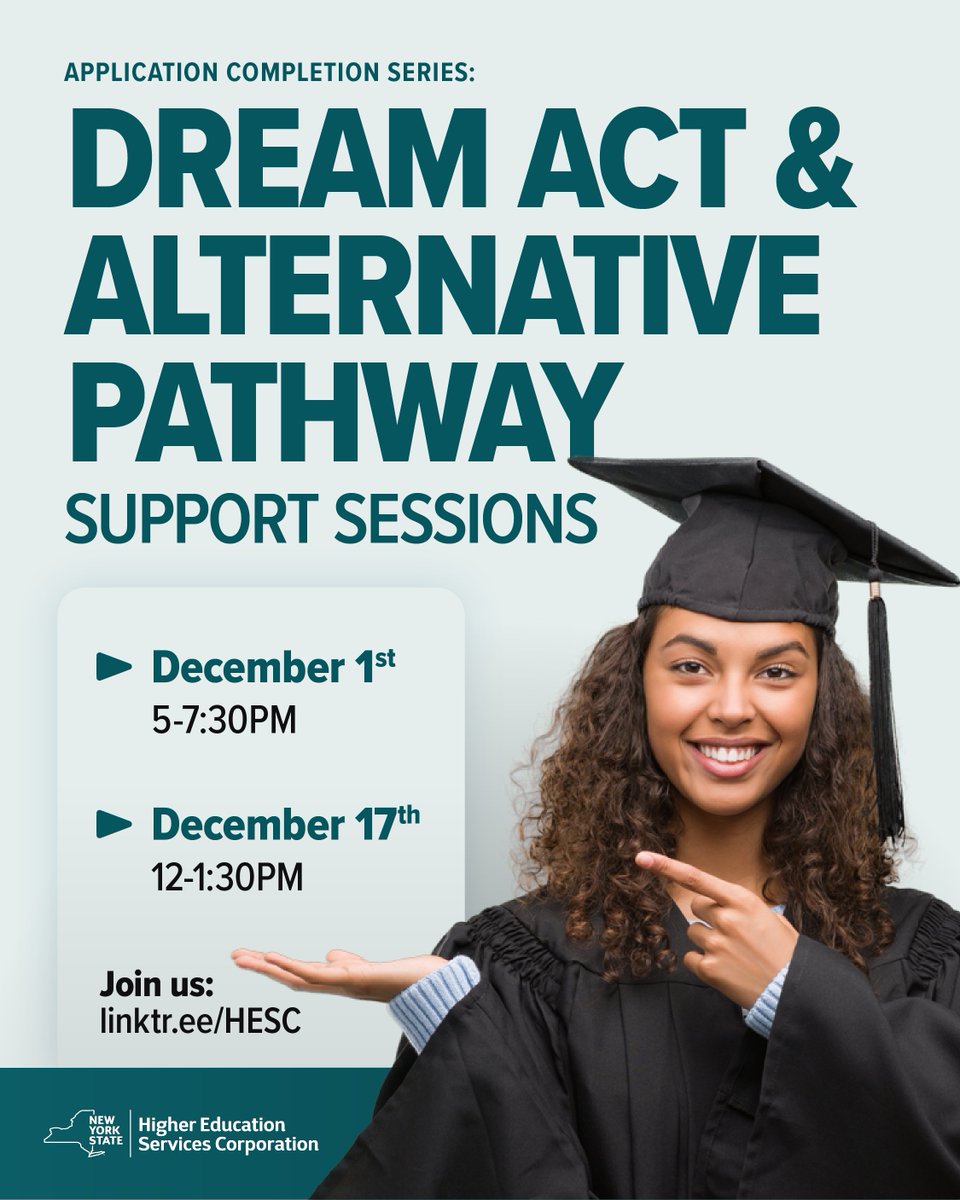Applying through the DREAM Act or Alt Path for Financial Aid and need help? Join our monthly DREAM Act and Alt Path support sessions and get the help completing your application or understanding what steps you need to take.

Dec 1
5-7:30p

Dec 17
12-1:30p

linktr.ee/HESC