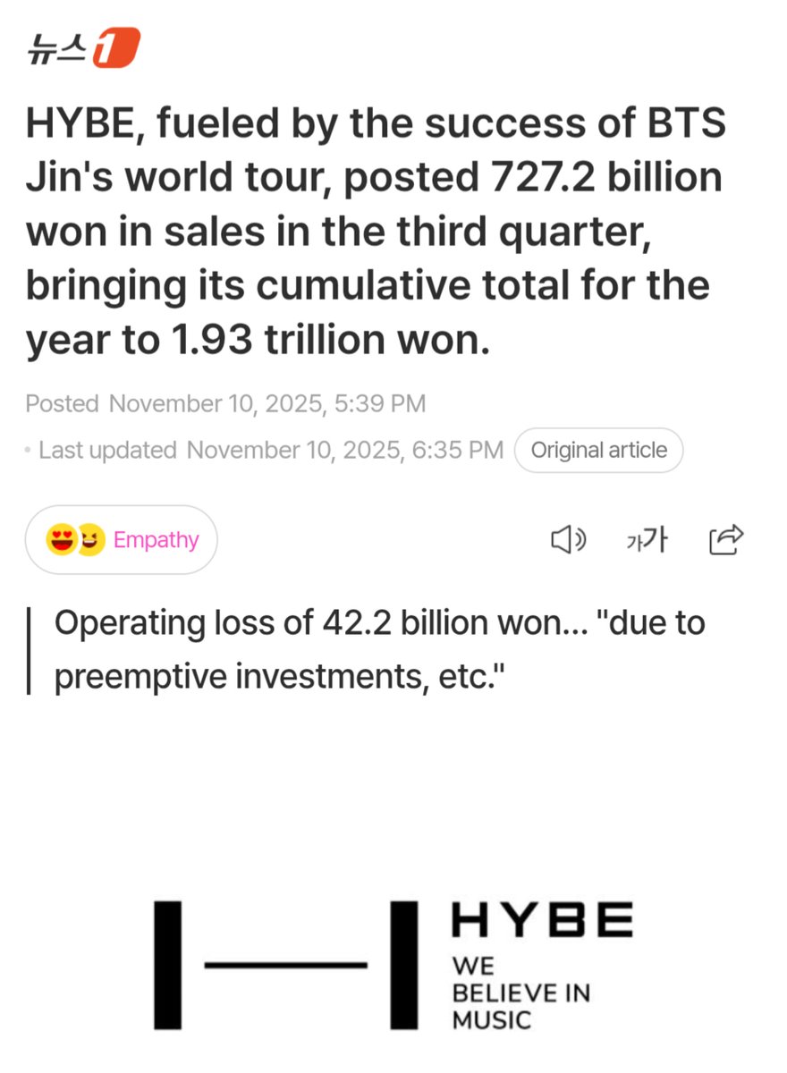 HYBE fueled by the success of BTS Jin's world tour reported highest Q3 sales Ever.

Interract with the article:share.google/9XorOMNSnQDLgv…