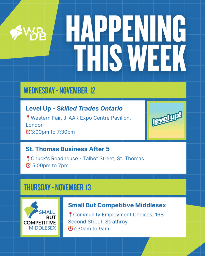 WorkforceEMO's tweet image. Happening This Week!
Time to update your agenda — here’s what’s coming up in our region 👇

🔧 Level Up – Skilled Trades Ontario
🤝 St. Thomas Business After 5
💼 Small But Competitive Middlesex