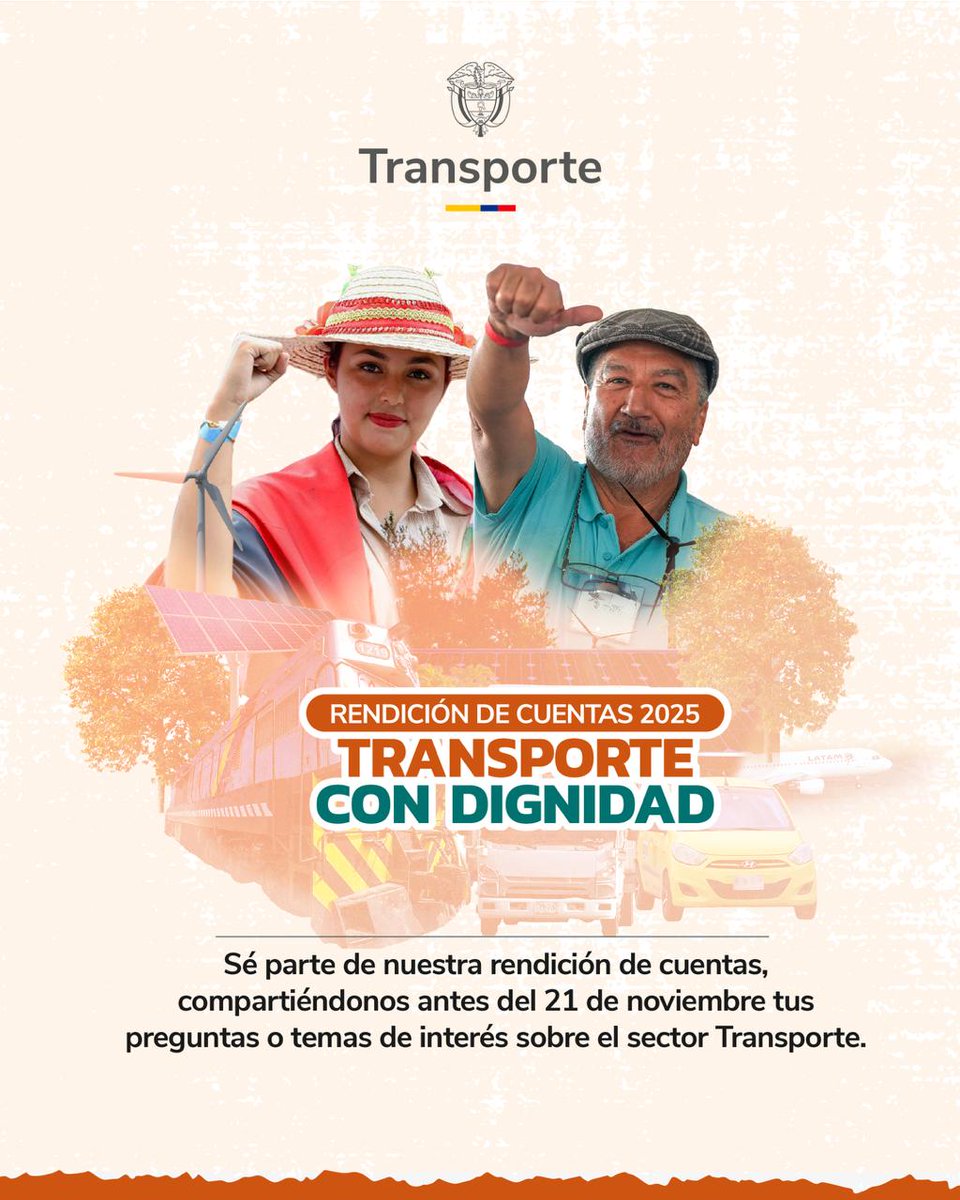 Construyamos juntos un Transporte con dignidad 🙌
Nos estamos preparando para la Rendición de Cuentas 2025 y queremos que seas parte, compartiéndonos tus temas te interés antes del 21 de noviembre en este enlace: forms.office.com/r/5fLmwjVhdH

<a href="/maferojas/">Mafe Rojas</a> <a href="/infopresidencia/">Presidencia Colombia 🇨🇴</a> <a href="/petrogustavo/">Gustavo Petro</a>