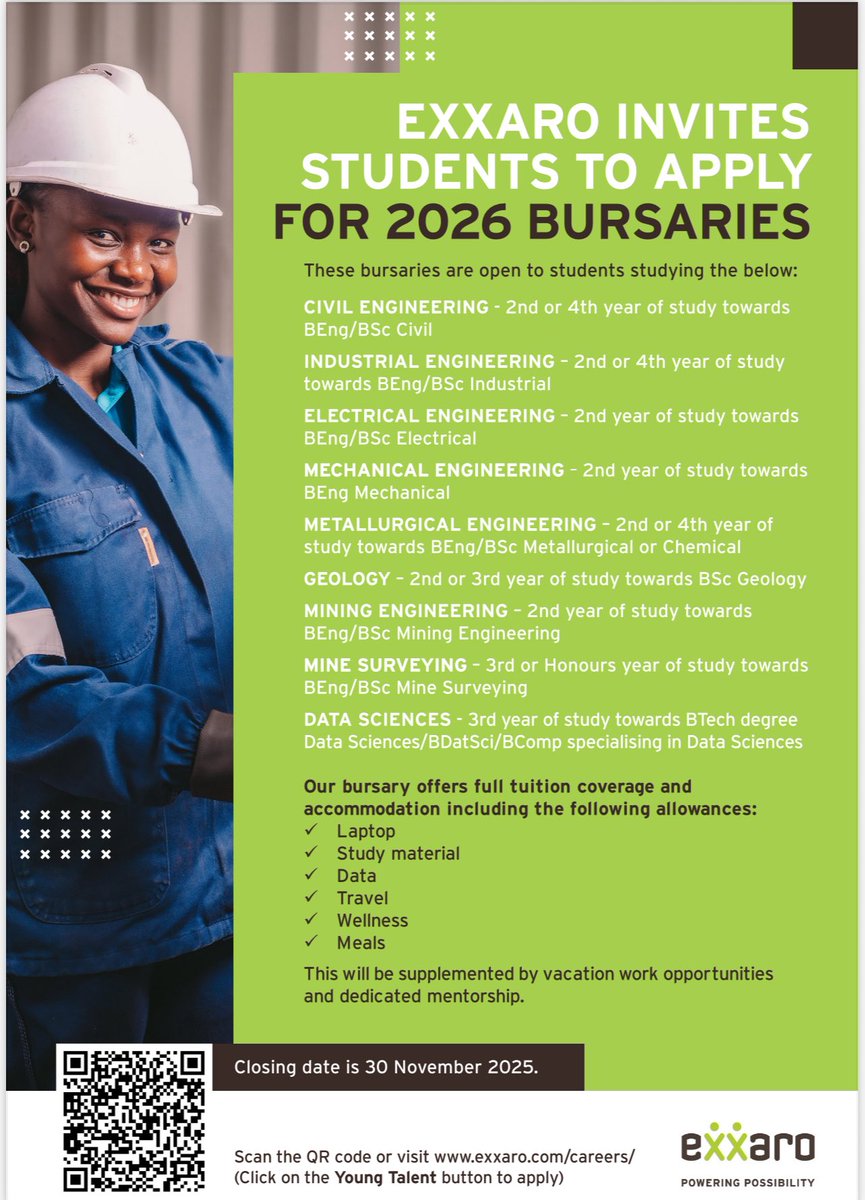 We are ready to invest in the next generation of change makers! Are you passionate about Engineering, Geology or Data Sciences and ready to take the first step toward a fulfilling career? The 2026 Exxaro Bursary Programme is now open for applications.

This incredible opportunity