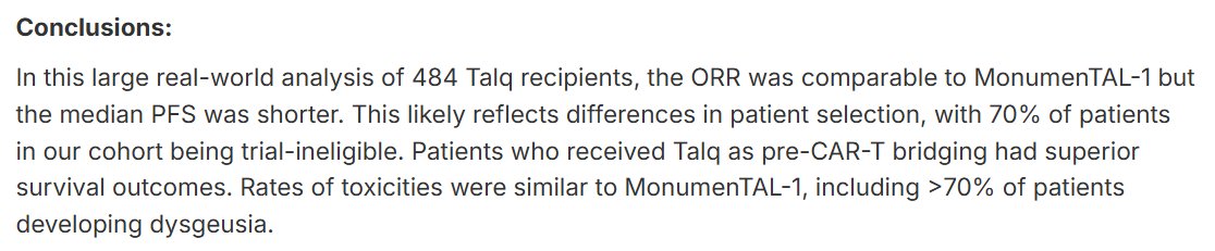 mtmdphd's tweet image. Talquetamab [GPRC5D BsAb] for RRMM : Real-world outcomes from the US multiple myeloma immunotherapy consortium [Nov 3, 2025] Pasvolsky et al. @YiLinMDPhD #ASH25 abs25-12771 PID 137 meetings-api.hematology.org/api/abstract/v… #mmsm #ImmunoOnc #IDonc n=484 pts, 15 centers