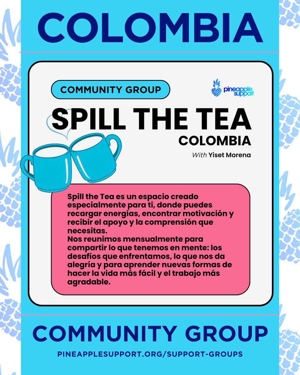 PineappleYSW's tweet image. ☕ Spill the Tea, Colombia — Nov 26, 11am COT
Recharge, share &amp;amp; connect. / Recarga, comparte y conecta.
Sponsored by @StreamateModels 💛
📌 Apply / Aplica: pineapplesupport.org/support-groups/

#spillthetea #pineapplesupport
