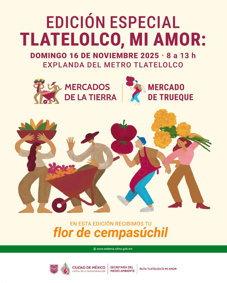 SEDEMA_CDMX's tweet image. ¿Todavía tienes tu flor de cempasúchil en casa? Tráela y dale una nueva vida en esta edición especial que une al Mercado del Trueque y a los Mercados de la Tierra: Tlatelolco, mi amor.

•Domingo 16 de noviembre
•8 a 13 horas
•Explanada del Metro Tlatelolco…