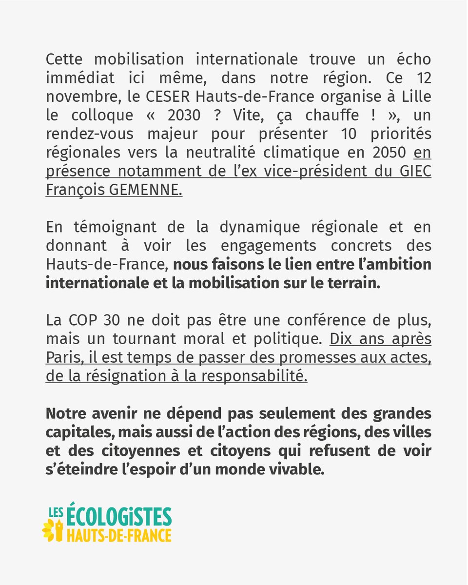 🌻 Dix ans après l'Accord de Paris lors de la COP 21, @karimadelli et les <a href="/EcologistesHDF/">Les Écologistes Hauts-de-France</a> appellent à une mobilisation régionale face à l'urgence climatique en marge de l'ouverture de la COP 30 à Belém au Brésil.

#directHDF