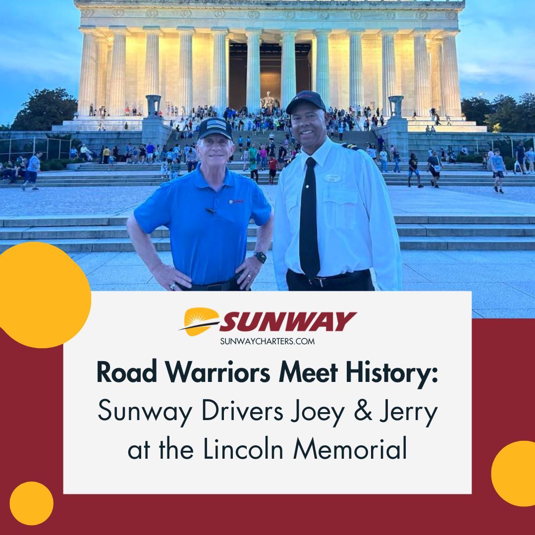 SunwayCharters's tweet photo. Our very own Sunway drivers, Joey Redmon and Jerry Moore, took a moment to soak in the iconic views at the Lincoln Memorial. From navigating city streets to cruising past monuments, these two know how to make every trip safe, smooth, and full of stories.🚌💨 https://t.co/G0QttGKWGg