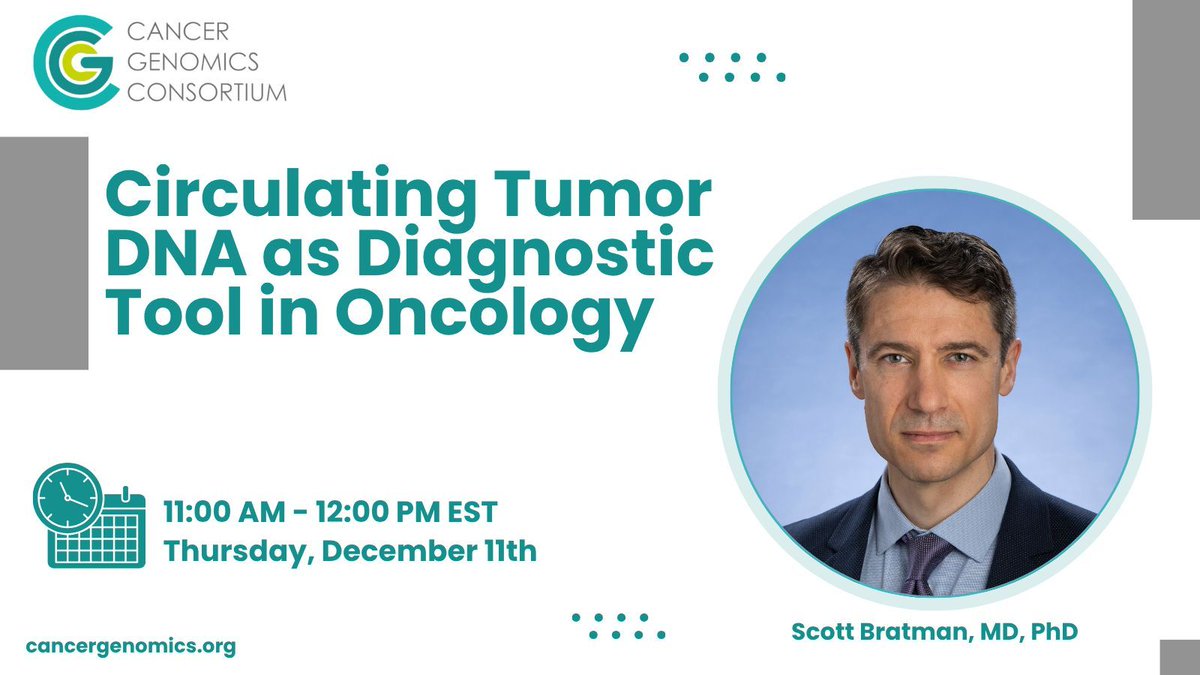 CG_Consortium's tweet image. Registration Now Open: The Cancer Genomics Consortium (CGC) invites you to attend Circulating Tumor DNA as Diagnostic Tool in Oncology on December 11, 2025. Click here to register: buff.ly/5TrCKGl 

#CGCVolunteers #genomics #cancer #research #genetics #clinicaltesting