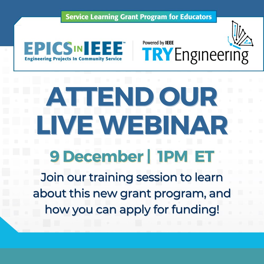 TryEngineering's tweet image. 🤝 The @EPICSinIEEE &amp;amp; @TryEngineering Service Learning Grant Program supports educators guiding students through project-based learning that connects engineering with community impact 🌍

🗓️ Join our webinar on 9 December to learn how to apply for funding: bit.ly/4qRzsBJ