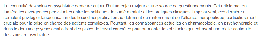 L_InfoPsy's tweet photo. 📍Découvrez l'article le plus lu par les abonnés dans le dernier numéro de la revue 𝐋'𝐈𝐧𝐟𝐨𝐫𝐦𝐚𝐭𝐢𝐨𝐧 𝐏𝐬𝐲𝐜𝐡𝐢𝐚𝐭𝐫𝐢𝐪𝐮𝐞
"𝐂𝐨𝐧𝐭𝐢𝐧𝐮𝐢𝐭𝐞́ 𝐝𝐞𝐬 𝐬𝐨𝐢𝐧𝐬 : 𝐫𝐞̂𝐯𝐞 𝐨𝐮 𝐜𝐚𝐮𝐜𝐡𝐞𝐦𝐚𝐫 ?" https://t.co/5dvSM7CEEn
Bonne lecture !
#psychiatrie https://t.co/9HZrL4Wfwz