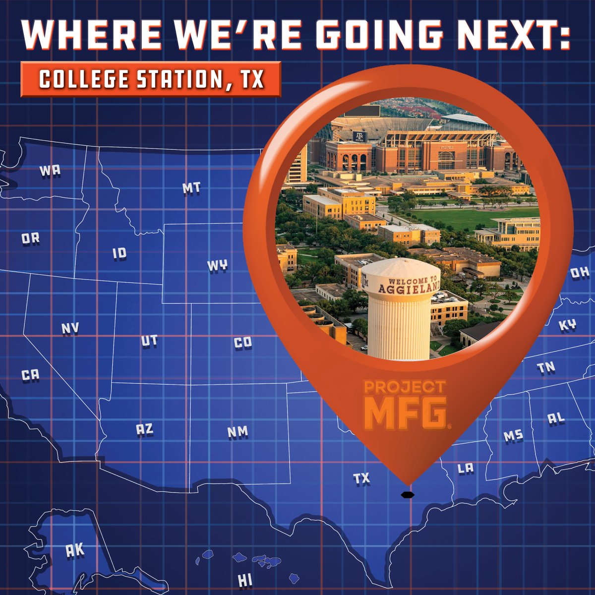 ProjectMfg's tweet image. A new week means a new adventure, and this one takes us to College Station, Texas! 🎉

We’re kicking things off tomorrow with the launch of our brand-new Additive Manufacturing Competition Series, followed by our annual SEC Machining Competition🔥