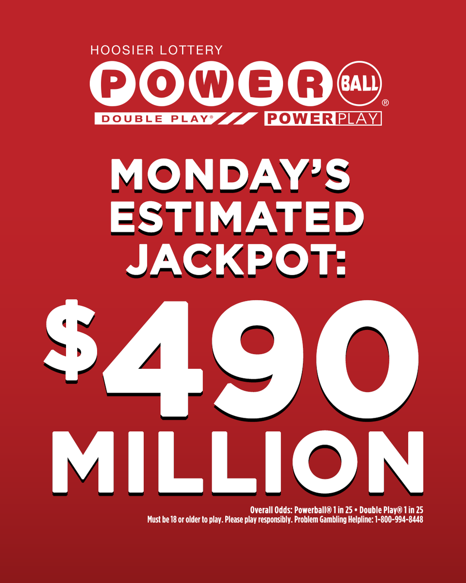 🚨 Jackpot alert! 🚨 The Powerball® jackpot is at an estimated $490 MILLION! Grab your ticket for tonight's drawing and add a little play to your day! 🔥
 
Download the Hoosier Lottery app to build your Digital Playslips at HoosierLottery.com/app