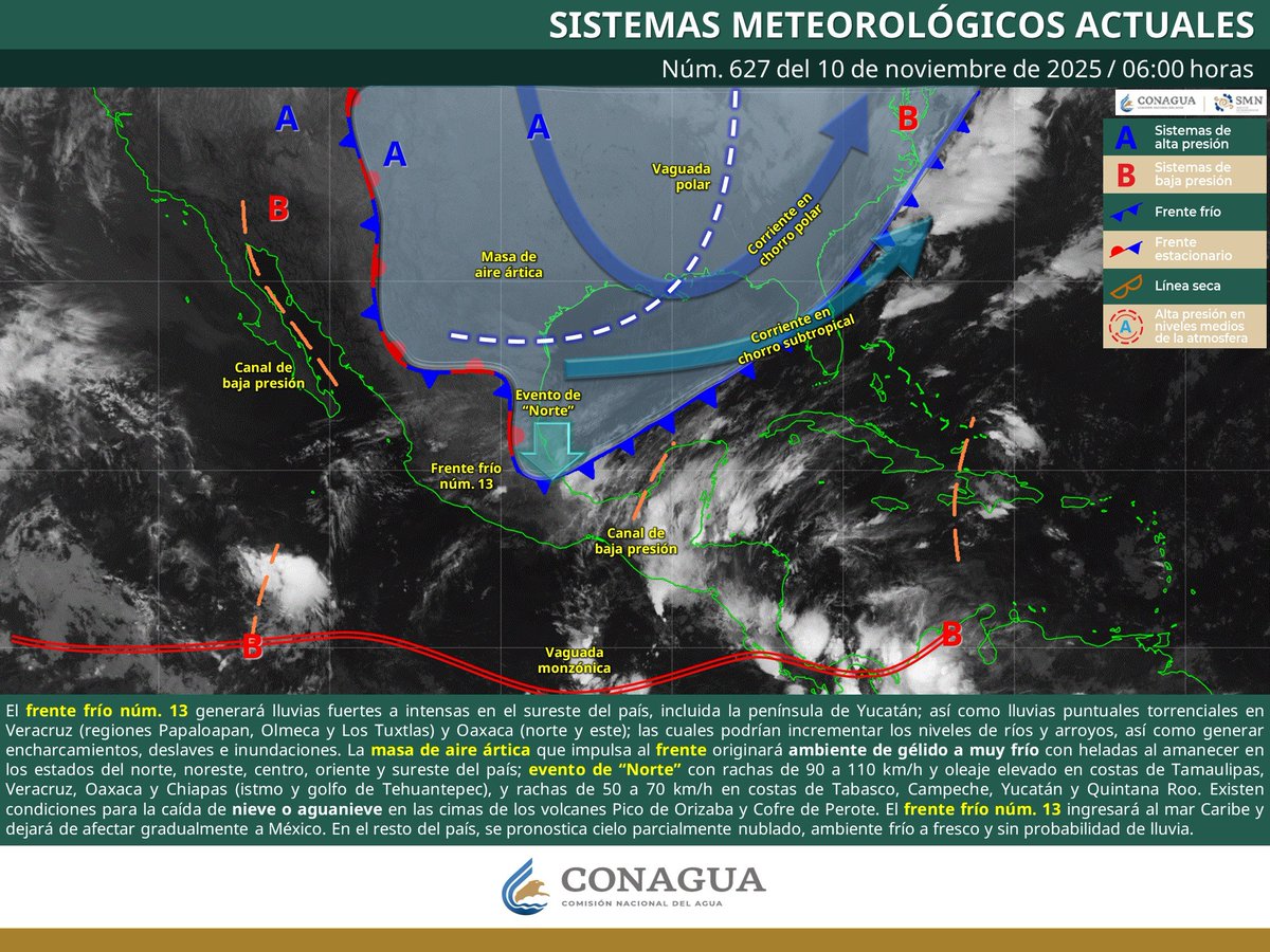 #PronosticoDelTiempo en #Oaxaca 
hoy 10 de noviembre. Frente frío 13 trae descenso de temperaturas, Norte fuerte en Istmo y chubascos en varias regiones.

🌧Ciudad de Oaxaca:
Amanecer: 10-13°C.
Mediodía/tarde: 22-25°C, medio nublado con posible lluvia ligera.
Noche: 12-15°C.