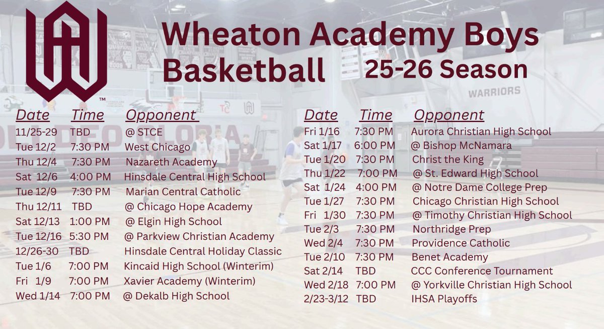 Come support WA Boys Basketball this season! 
<a href="/WA_Warriors/">WA Athletics</a> <a href="/WAwarriorsBBB/">Wheaton Academy Boys Basketball 🏀</a> <a href="/_MikeBrooks12_/">Mike Brooks</a> <a href="/CoachDonWA/">CoachDonWA</a>