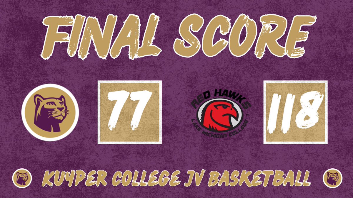 JV - Purple Final from Friday:

Kuyper JV - Purple: 77
Lake Michigan College: 118

D. Jackson: 24pts
R. Patterson: 10pts, 10rebs
T. Murphy: 18pts

#GoCougars