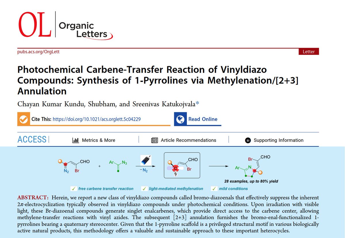 EnalDiazo_Group's tweet image. Green chemistry 🌿 — The first photochemical free vinylcabene transfer to build 1-pyrrolines!

Just published in @JOC_OL where we have introduced Bromo-Diazoenals to access the first photochemical carbene-transfer reaction of vinyldiazo compounds. 

Link: pubs.acs.org/doi/10.1021/ac…