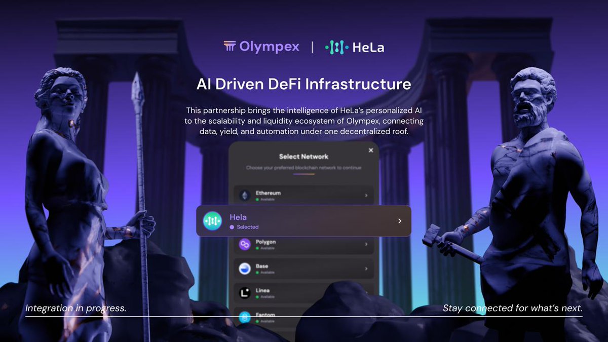 <a href="/Hela_Network/">HeLa Labs 🍀 | HLUSD</a> is redefining how people interact with AI, making it personal, adaptable, and owned by the user.

Through our partnership, Olympex will integrate HeLa’s intelligent infrastructure to enhance automation, risk analysis, and user experience across DeFi.

A new layer of