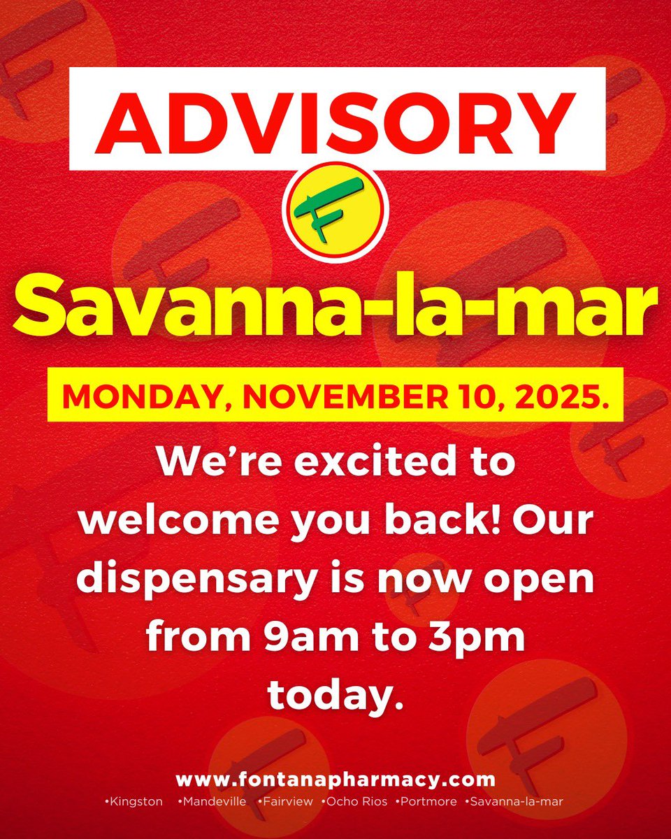Our Mandeville and Savanna-la-Mar stores are open! Please note hours and services may vary as recovery efforts continue.
Stay tuned here for updates — and thank you for your patience and support. 💛
#Fontanapharmacy