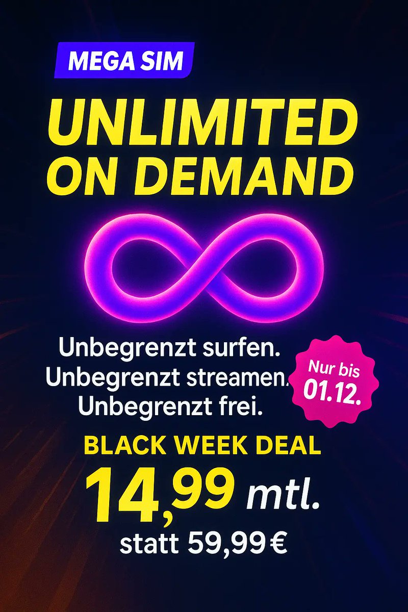 simdealz's tweet image. 🔥 Mega SIM Black Week: Unlimited ab 14,99€!

📱 100 GB für nur 11,99€/Monat 
⚡ Unlimited-Daten ab 14,99€/Monat 
📡 5G im #freenet #o2-Netz inklusive 
🎯 Ohne Anschlussgebühr bei 24 Mon. 
💪 Dauerhaft stabile Preise 
⏰ Nur bis 01.12.2025

👉 simdealz.de/mega-sim-tarif…
