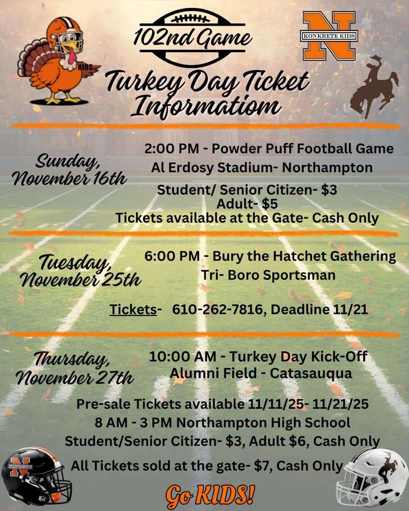 Turkey Day Events are quickly approaching.  Ticket information is now available.   Go KIDS!!!