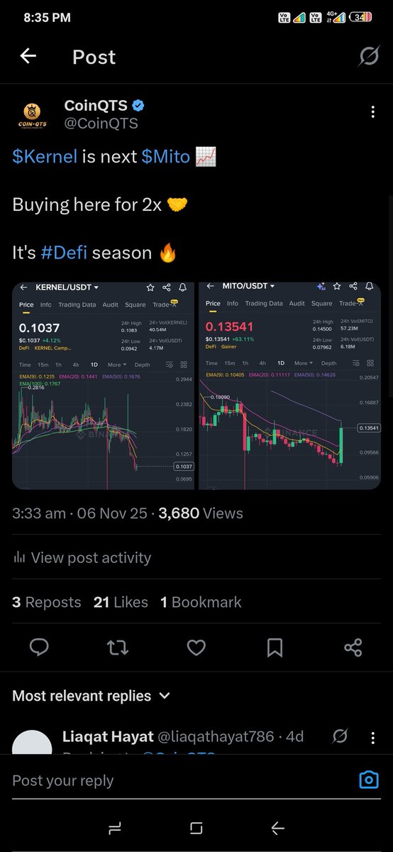 CoinQTS's tweet image. Those holding $kernal made easy 30%. profit 🤝

it&apos;s also breakout completed ✅

My senario 0.20+

Strictly suggest if you&apos;re not in kernel don&apos;t buy green (On Top) those holding can move sl and hold for next move👍