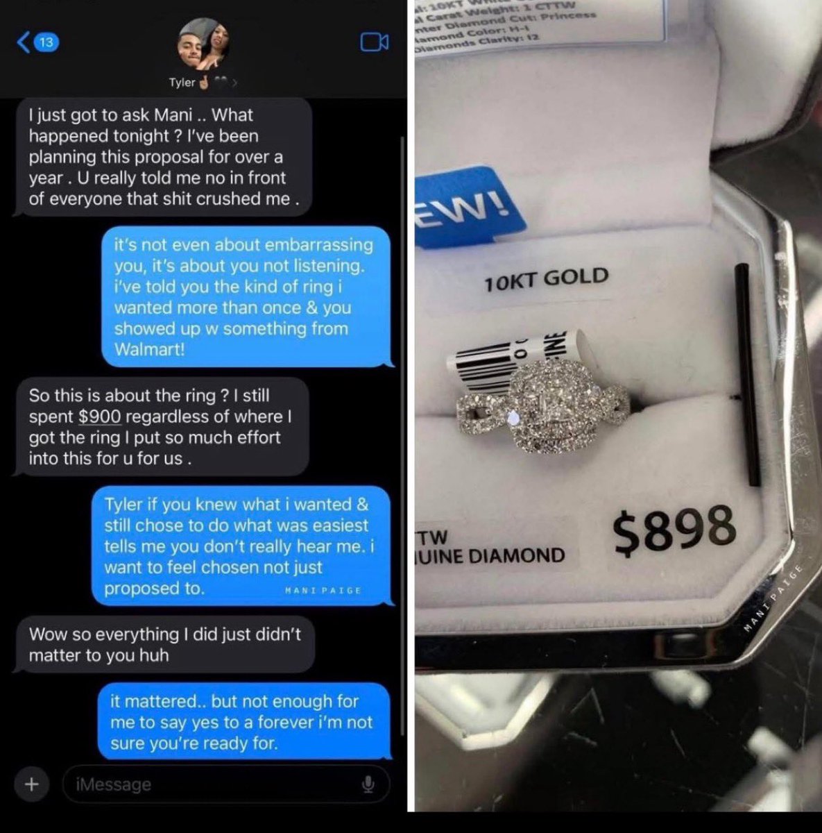 Breaking911's tweet photo. After a year of planning, a man proposed in front of friends and family, but she said no—not for lack of love, but because the $900 ring from Walmart made her feel he hadn’t listened; she wanted to feel chosen, not just proposed to.

Who do you side with?

Photo via: @TheLizVariant