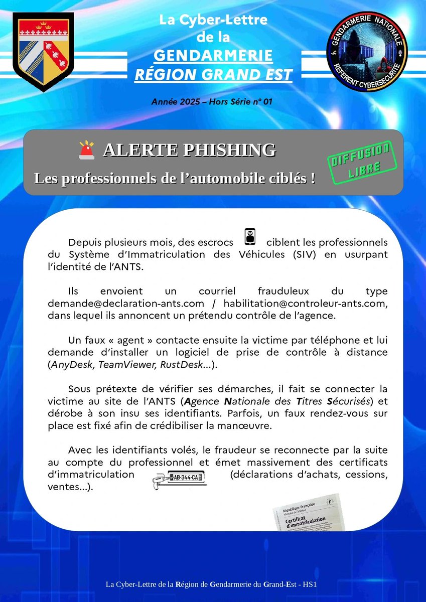 Gendarmerie_067's tweet photo. 🚨Alerte Phishing | Pros de l'automobile visés! Des escrocs usurpent #ANTS pour piéger les habilités #SIV:
📩Mails frauduleux
📞Fausse vérif+demande d'installer AnyDesk/TeamViewer
💻Vol d’identifiants ANTS ➡immatriculations frauduleuses
Des doutes? Contactez Préfecture+#17cyber https://t.co/7TldVLvHaj