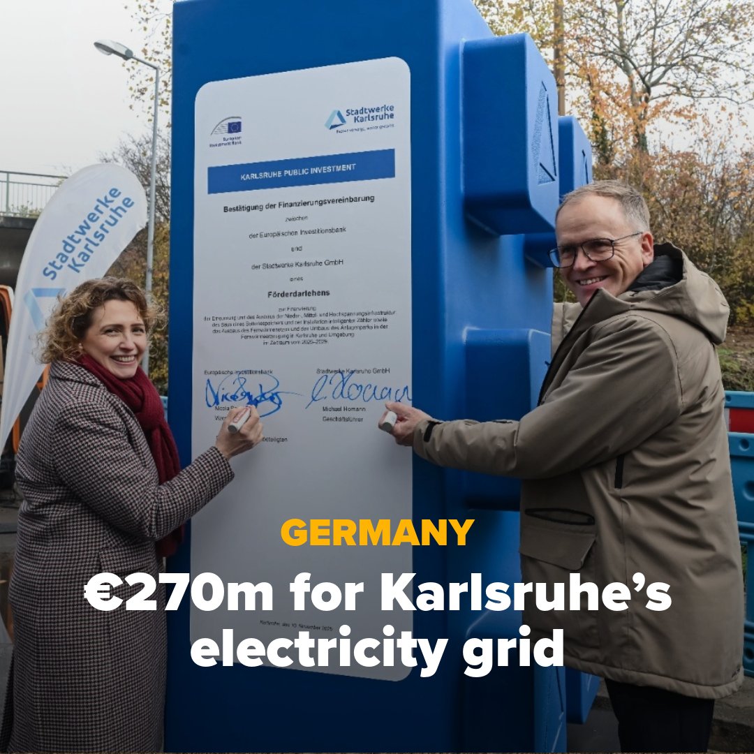 🇩🇪🇪🇺We’re providing €270 million to modernize Karlsruhe’s power grid and district heating.

The loan helps replace overhead lines with underground cables, cutting CO₂ and moving the city closer to climate neutrality by 2040.

👉go.eib.org/Germany_Karlsr…