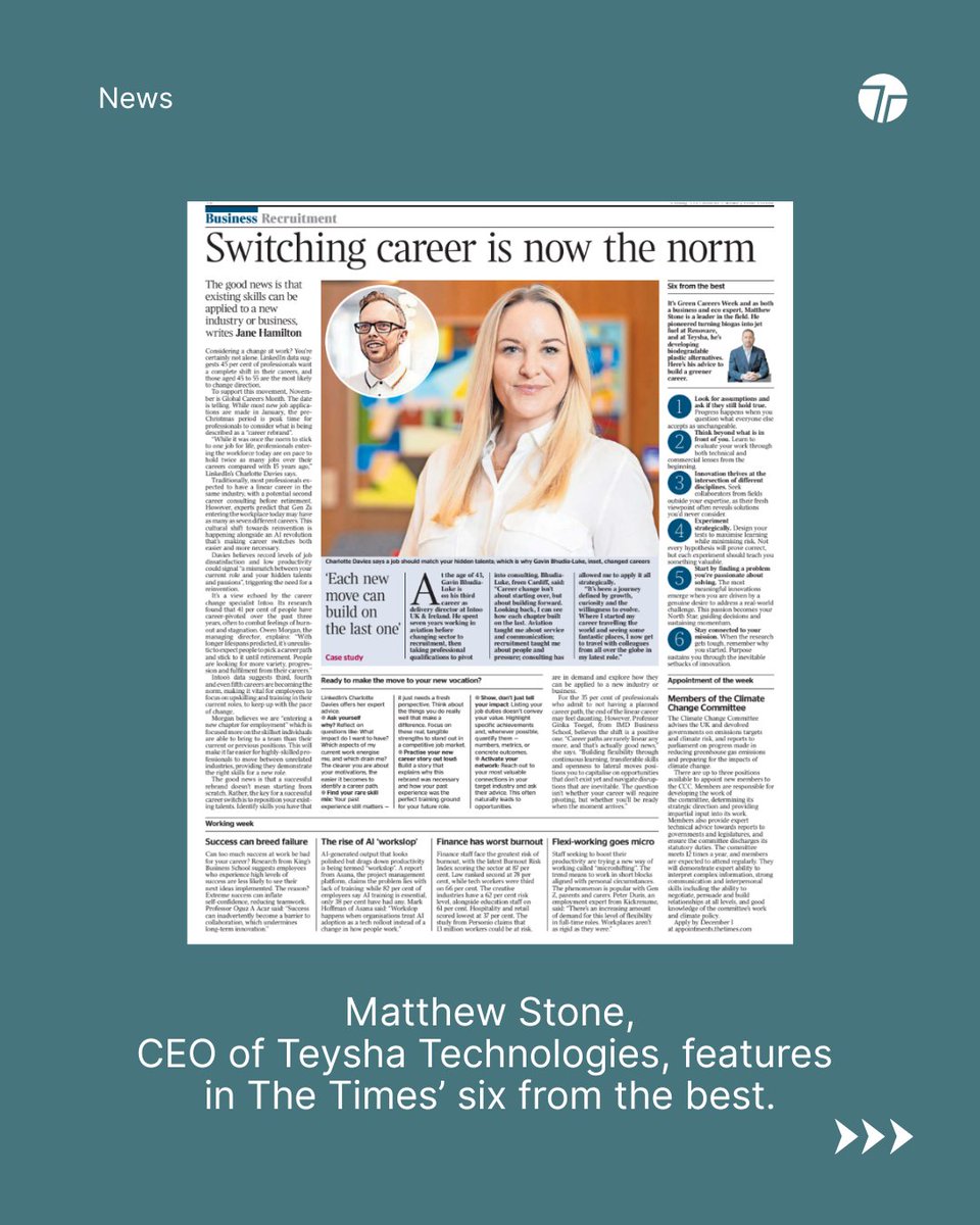 TechTeysha's tweet image. We’re pleased to share that Matthew Stone, CEO of Teysha Technologies, was featured in The Times Six from the Best, coinciding with the Times’ Green Careers Week.

#TheTimes #PlasticFree