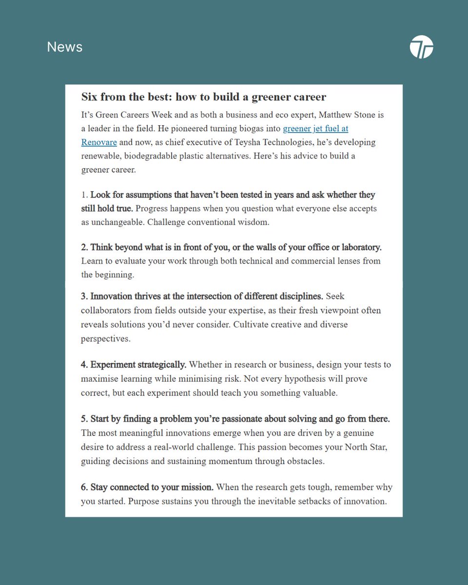 TechTeysha's tweet image. We’re pleased to share that Matthew Stone, CEO of Teysha Technologies, was featured in The Times Six from the Best, coinciding with the Times’ Green Careers Week.

#TheTimes #PlasticFree