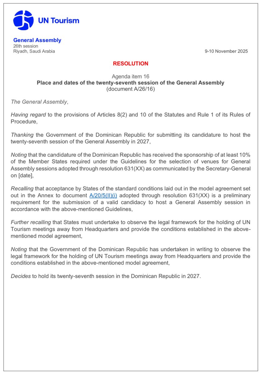 DavidColladoM's tweet image. ¡El liderazgo del país sigue aumentando en el turismo mundial! 🇩🇴🌍
Ser sede de la Asamblea General de la @UNWTO en 2027 no es solo un logro:
es el reconocimiento a una gestión que transformó la forma de hacer turismo en la región.

¡La República Dominicana marca el rumbo del…