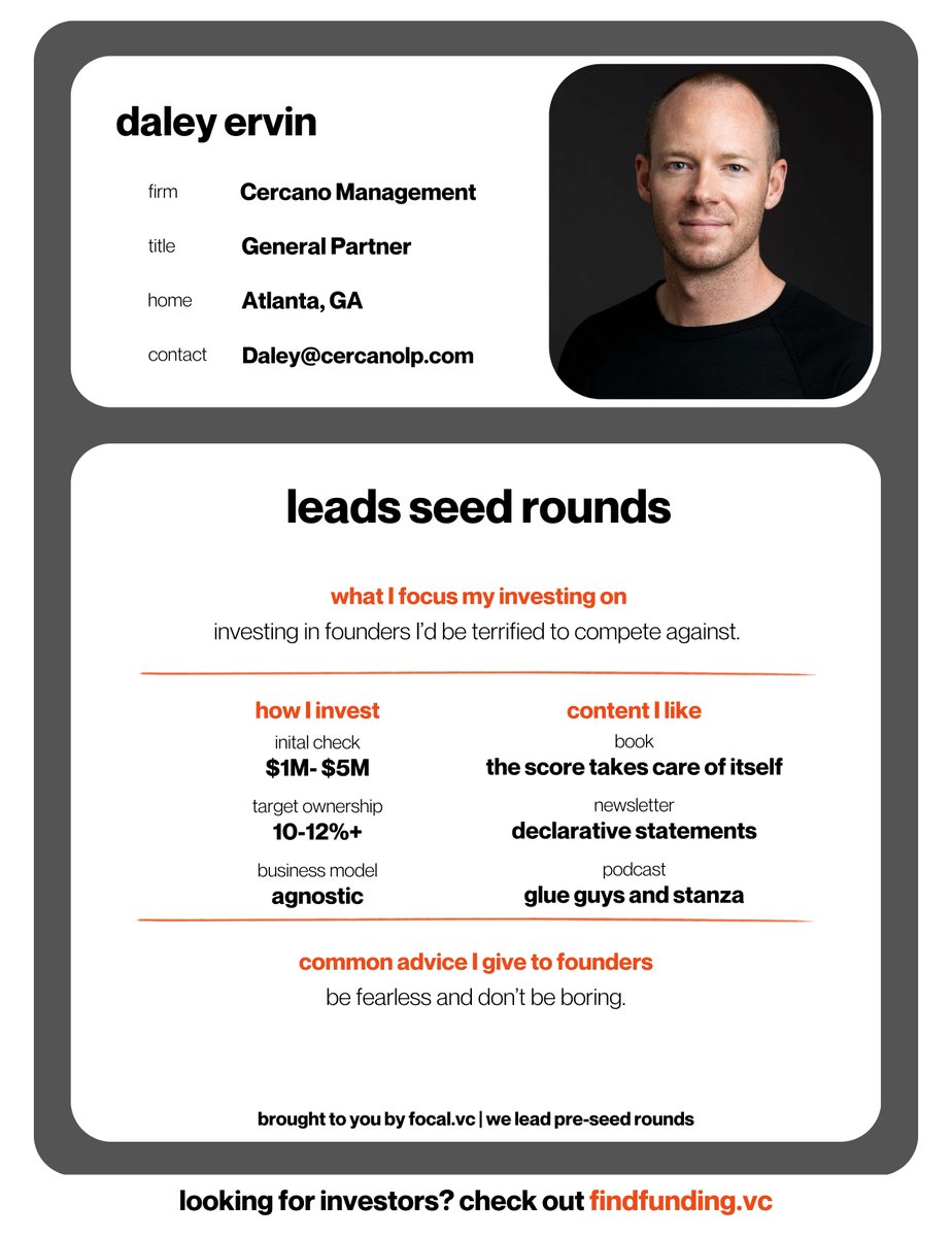PascalUnger's tweet image. If you are building a startup and looking for a Seed investor, here is someone you should have on your radar!  This week&apos;s #findfunding spotlight is on @daleyervin, Investor at Cercano Management.

🌆 Based in Atlanta, GA 
🚣🏻 He rowed a rowboat 3,000 miles across the Atlantic…