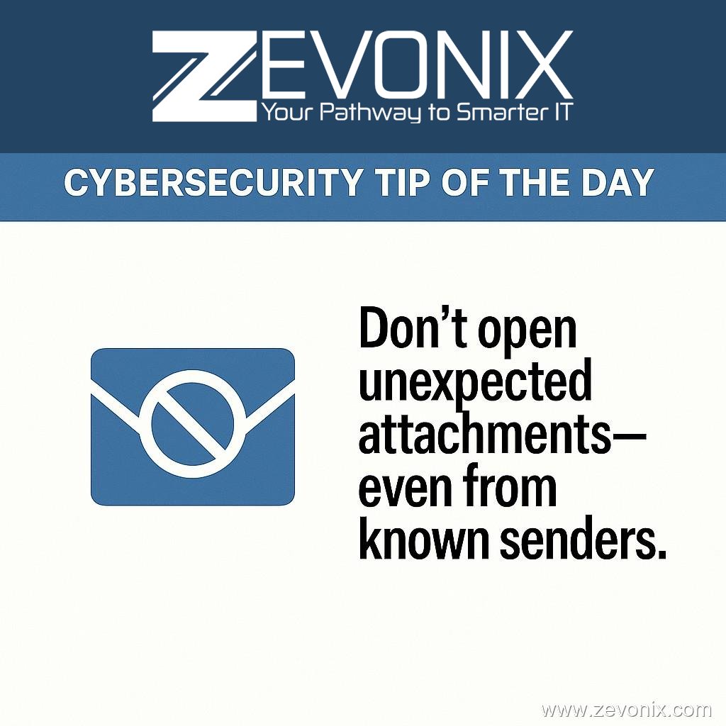 Zevonix_IT's tweet image. 📎 Don’t open unexpected attachments — even if they look like they’re from someone you know.
Attackers often spoof trusted senders.
👉 zurl.co/CxRwl

#CyberSecurity #EmailSecurity #Zevonix
