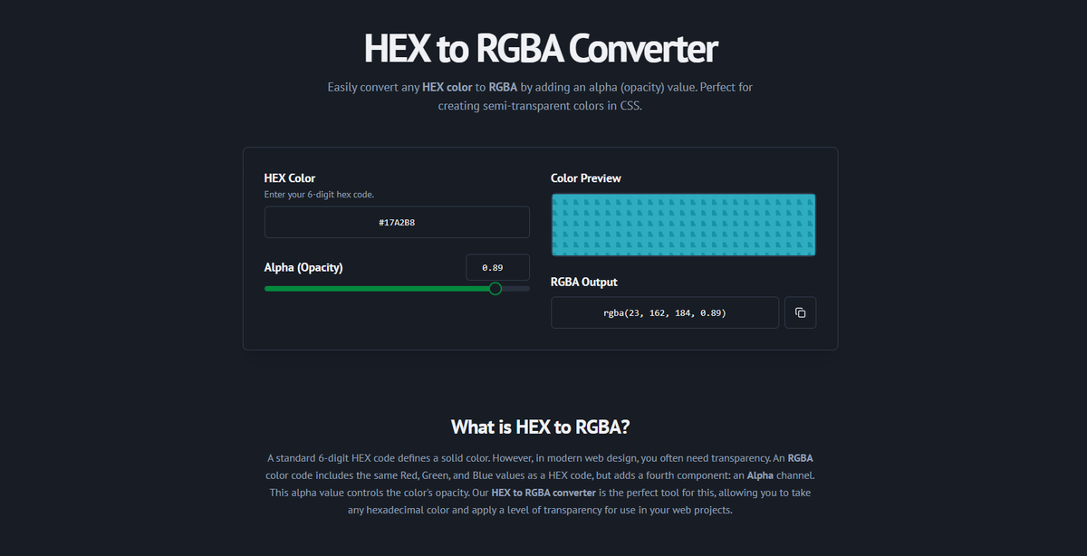 Luofeng0x's tweet photo. Added new feature to https://t.co/1p9rd75LrJ 
called Hex to RGBA converter !
Easy,  Secure - No Ads.
Try it if needed.
Thanks 😊

#ImgToColor #ColorPicker #FreeTools https://t.co/VSasRRiQHa