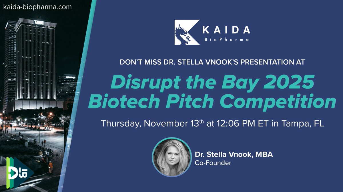 KaidaBio's tweet photo. Don’t miss Dr. Vnook, Co-Founder, presenting during the #DisruptTheBay2025 Pitch Competition on Thursday, November 13 at 12:06 PM ET in Tampa.

We will take the stage alongside innovators driving the future of Biotech, MedTech, and health innovation.

🔗: https://t.co/v280c4yJjN https://t.co/bslI66oAmo