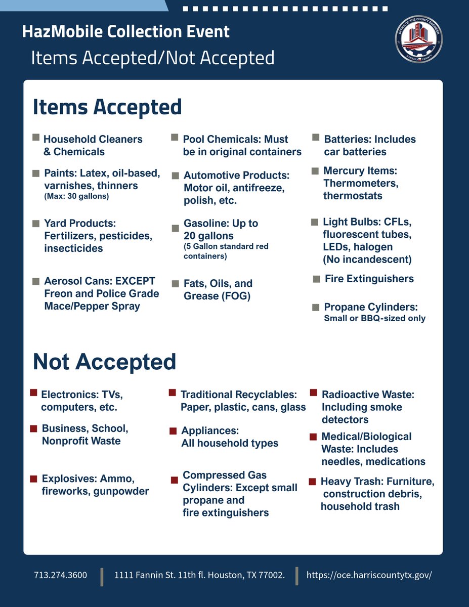 ♻️ Harris County HazMobile Collection Event 🚛
Our Household Hazardous Waste HazMobile is coming to your precinct! Safely and responsibly dispose of approved household hazardous waste items, by appointment only.
#HazMobile #HouseholdHazardousWaste #HarrisCounty #Sustainability