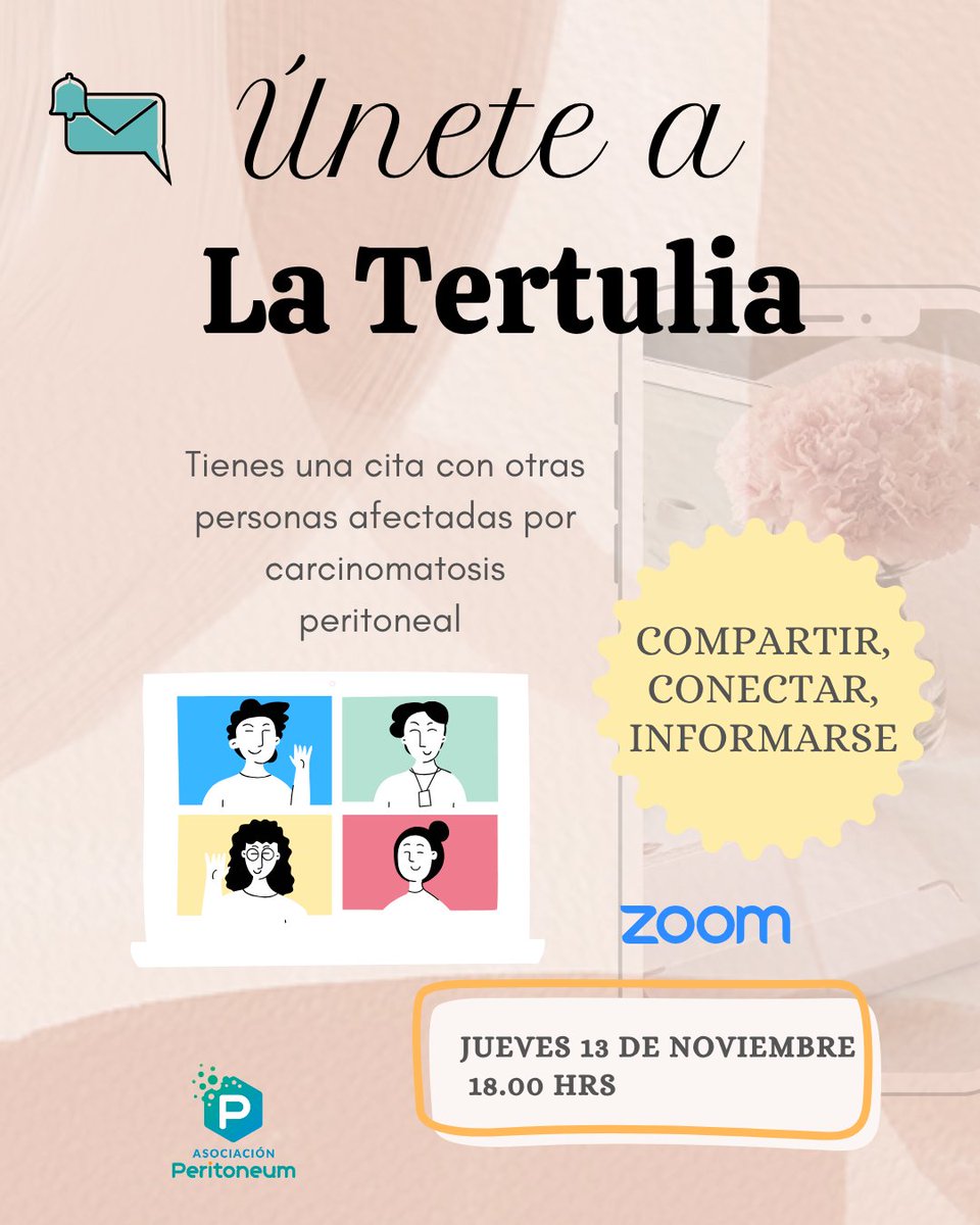 📅 13 de noviembre @ 18.00 hrs. Después del congreso de PSOGI y de la presentación del Manifiesto de Pacientes, volvemos com nuestra #LaTertuliaPeritoneum mensual 💪. Te esperamos. 
#carcinomatosisperitoneal #oncologíaperitoneal 
Accede al link de acceso: linktr.ee/aperitoneum