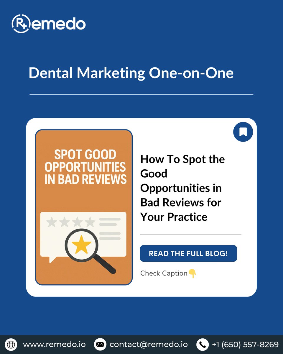 remedo_io's tweet image. 💬 How To Spot the Good Opportunities in Bad Reviews for Your Practice
Getting a bad review for your practice can feel...

👉 Read the full blog: linkly.link/2KZxS
.
#DentalMarketingTips #PatientExperience #DentalReputation #OnlineReviewsMatter #remedo