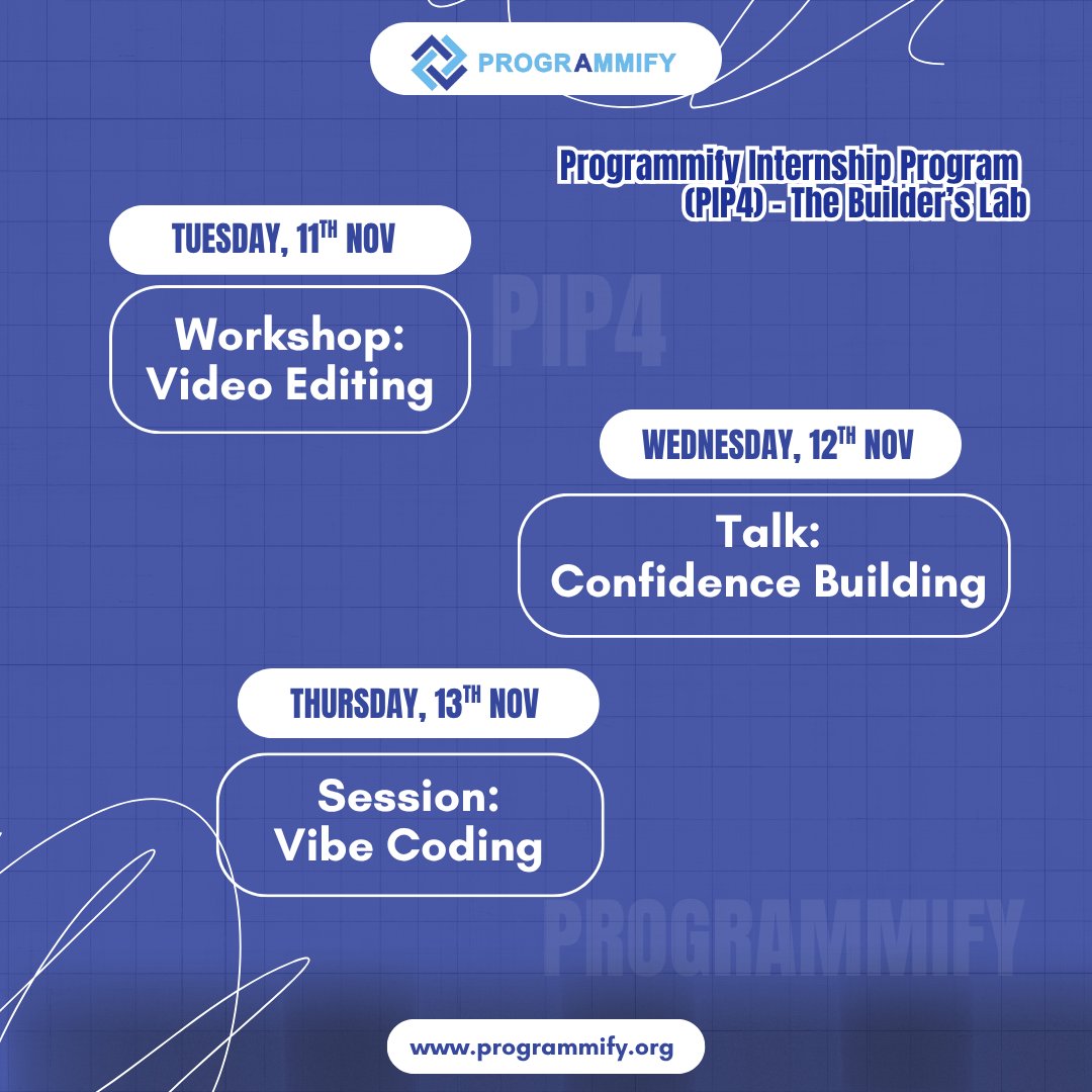 programmify's tweet image. It’s a new week at #Programmify! 

Our #PIP4 interns are doing amazing, building projects, tackling challenges &amp;amp; growing fast.

This week’s lineup 👇

✅ Tuesday: Video Editing Workshop
✅ Wednesday: Confidence Building Session
✅ Thursday: Vibe Coding

⏰ Time: 7PM WAT
