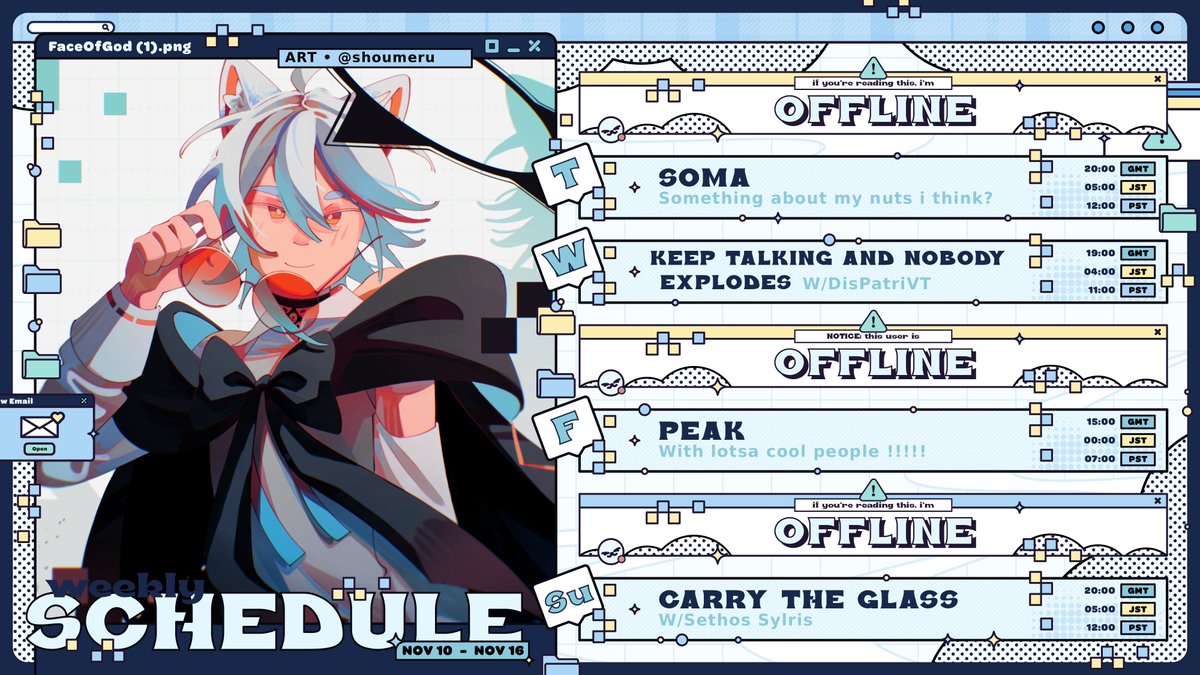 This weeks schedule ! 
We have quite a few collabs this week !!!
See you soon !!!!!
#Vtuber #VtuberEN