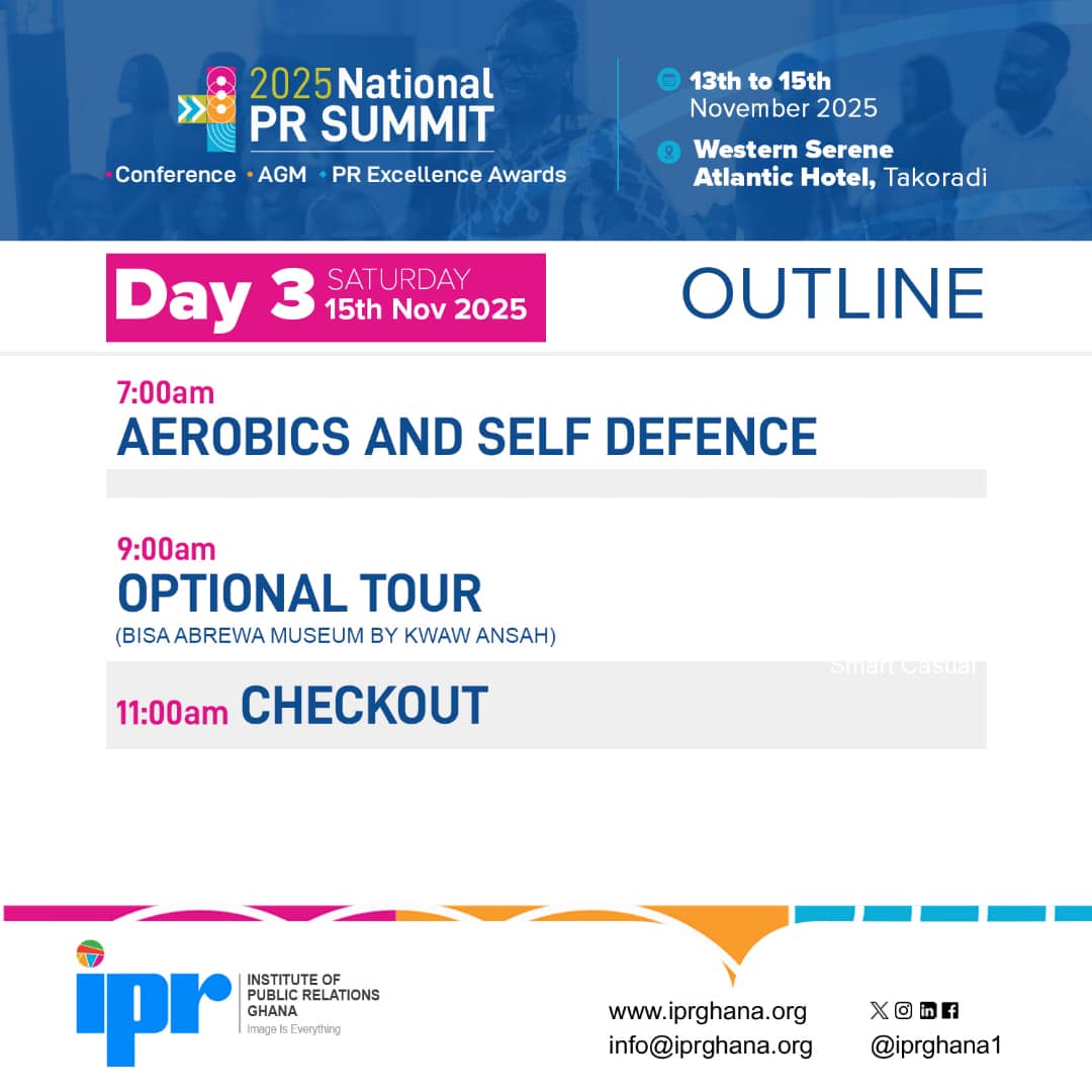 Almost time!  Join us in Takoradi, Nov 13–15 for #PRSummit2025  
3 days of learning, networking &amp; PR excellence! See you soon!

 #IPRGhana #ReimaginingPR #PRExcellence #ImageIsEverything