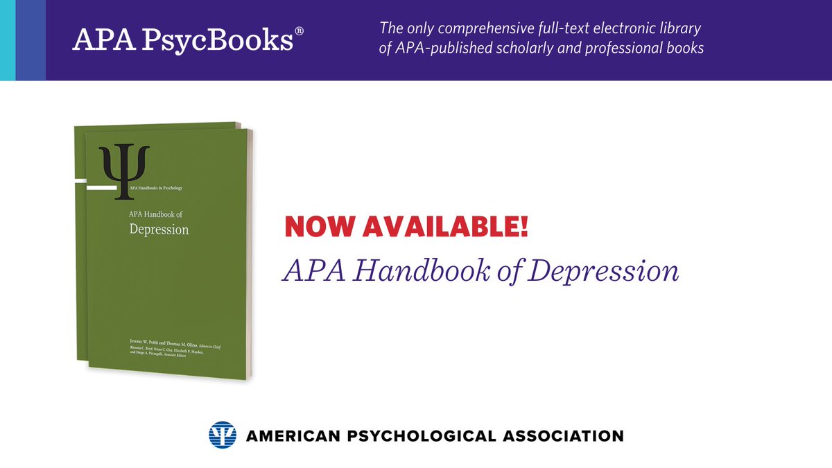 APA_Databases's tweet image. Available in APA #PsycBooks November 24: The APA Handbook of #Depression! This two-volume reference work explores key advances in understanding, diagnosing, and treating depression, perfect for students and clinicians alike. Read a preview here: bit.ly/47qJy4R