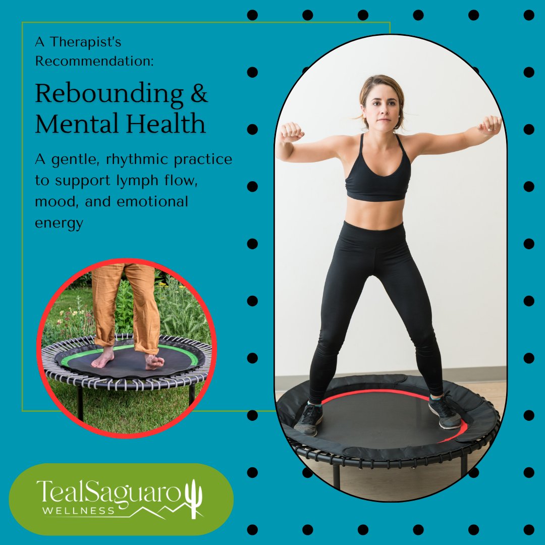 TealSaguaro's tweet image. Rebounding—gentle bouncing on a mini-trampoline—supports lymph flow, mood, and mental clarity.

The rhythmic movement helps regulate the nervous system and release emotional tension, offering a playful, grounding form of healing.

#Rebounding #MindBodyConnection #TherapistVoice