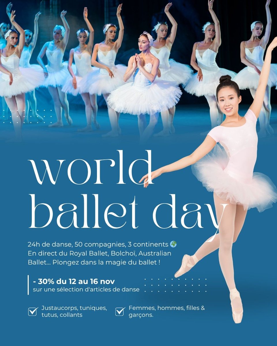 FAMEPARIS's tweet image. 🩰 World Ballet Day 2025
Célébrons la passion du ballet 💖
Pendant 24h, suivez +50 compagnies à travers le monde 🌍
👉 worldballetday.com
🎀 -30% sur justaucorps, tuniques, tutus et collants !
#WorldBalletDay #DanseClassique #MaisonDeLaDanse #BalletLovers #PromoDanse